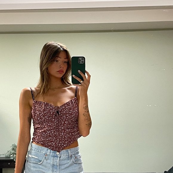 Brown & Mauve Floral print tank with adjustable straps and ties in the front - Picture 5 of 5